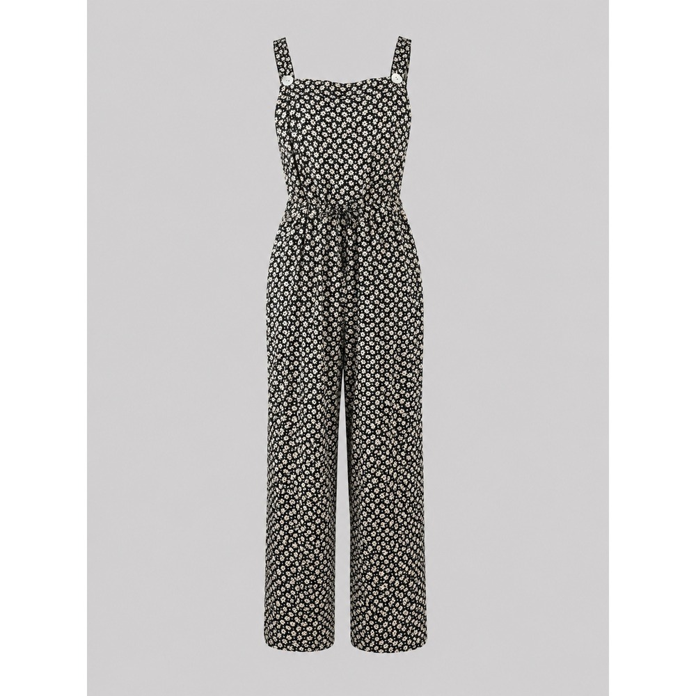 Allison Gray Vintage 90s Floral Jumpsuit Black Cream Button Strap Size 10 USA